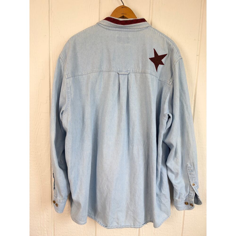 Vintage 90s Three Rivers 2000 Denim Shirt Patriotic Flag Star Applique XL - Picture 7 of 8